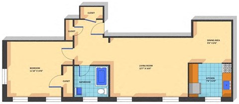 Floor plan for 1 bed, 1 bath, 670 sqft
