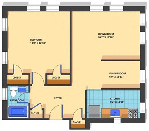 Floor plan for 1 bed, 1 bath, 819 sqft
