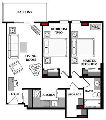 Calgary apartment for rent - A floor plan of a house with a balcony, two bedrooms, a living room, a kitchen, a foyer, a bathroom, and storage.