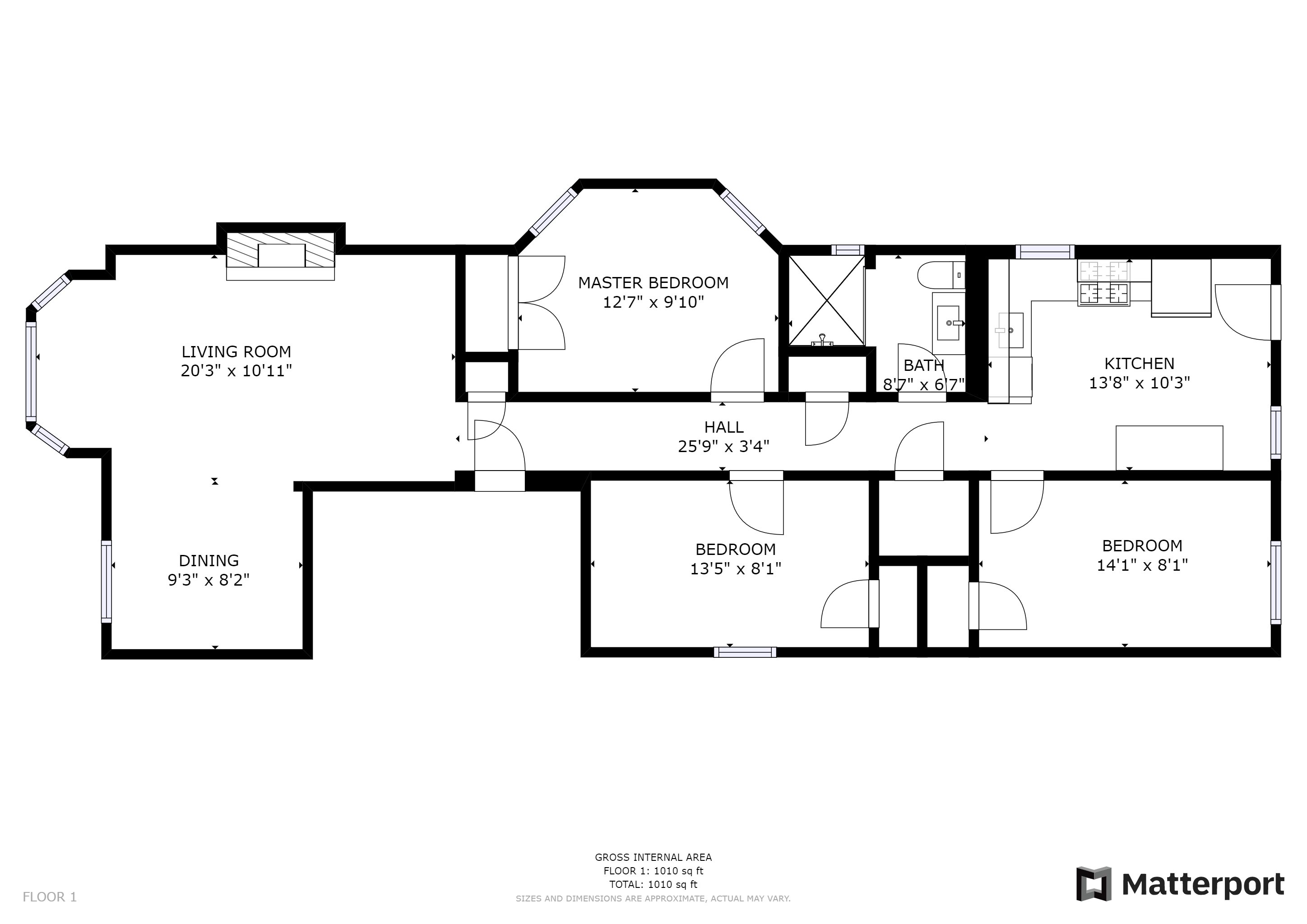 Floor plan for 3 beds, 1 bath, 1000 sqft