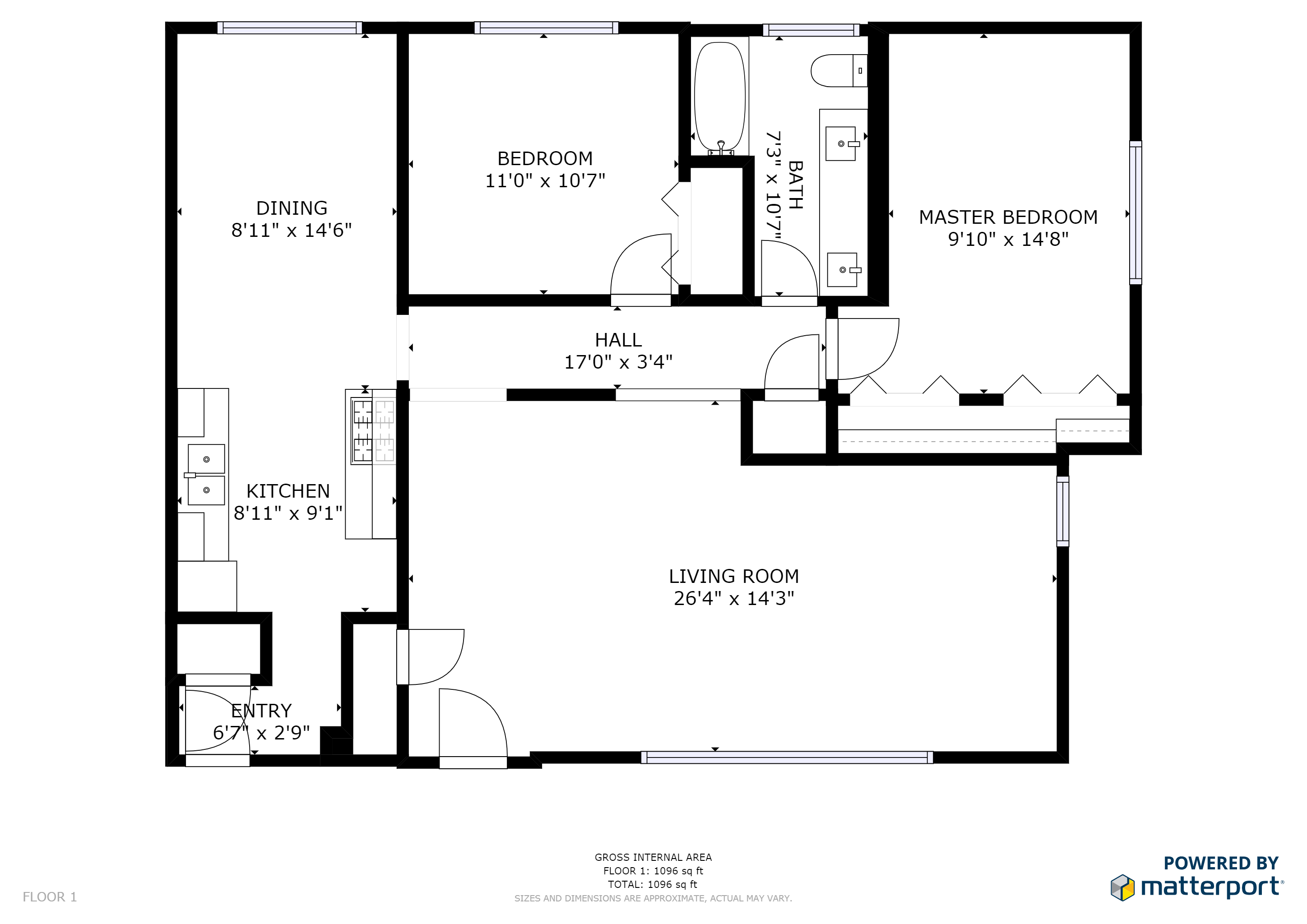 Floor plan for 2 beds, 1 bath, 1096 sqft