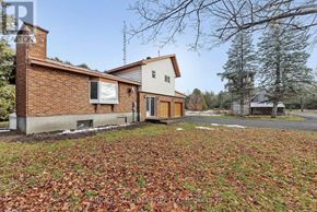 For rent in Ottawa - A house with a brown brick chimney and a white garage door is surrounded by a grassy area with fallen leaves.