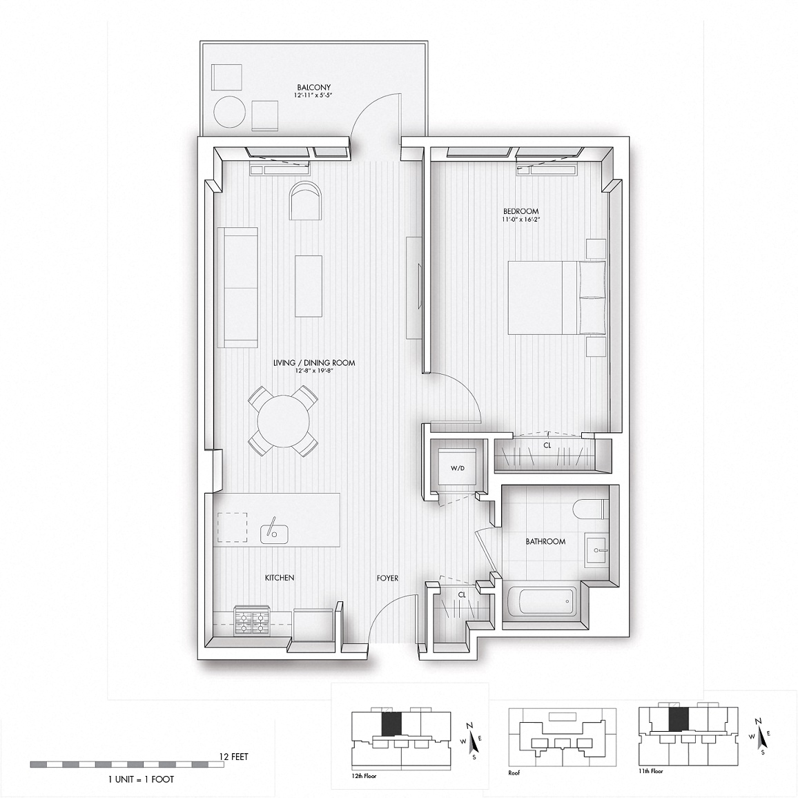 Floor plan for 1 bed, 1 bath, 705 sqft