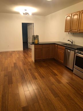 Jersey City apartment for rent - an empty kitchen with wooden floors and stainless steel appliances