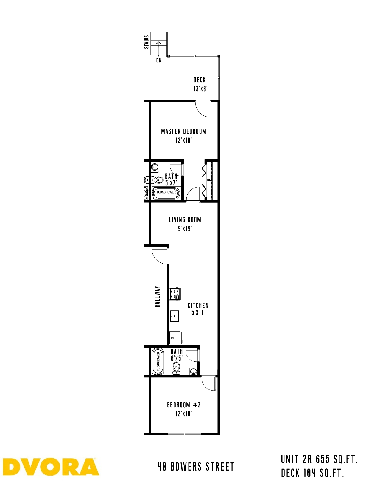 Floor plan for 2 beds, 2 baths, 655 sqft