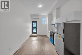 Dresden apartment for rent - A kitchen with a refrigerator and a countertop with a blue container on it.