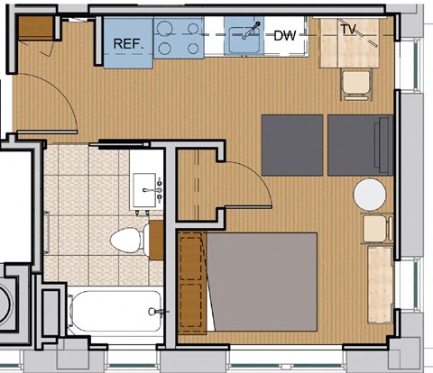 Floor plan for studio, 1 bath, 292 sqft