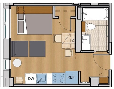 Floor plan for studio, 1 bath, 281 sqft