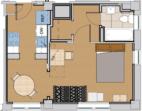 Floor plan for studio, 1 bath, 386 sqft