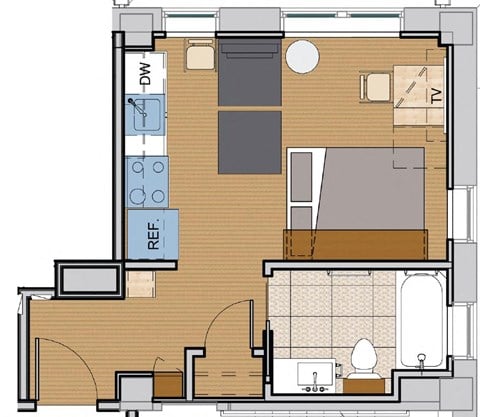 Floor plan for studio, 1 bath, 291 sqft