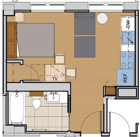Floor plan for studio, 1 bath, 296 sqft