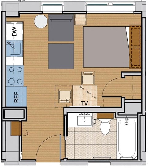 Floor plan for studio, 1 bath, 281 sqft