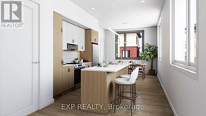 For rent in Russell - A modern kitchen with wooden cabinets and a dining area.