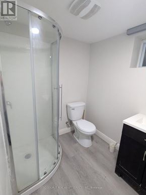 Niagara Falls (Dorchester) house for rent - A white toilet sits in a bathroom next to a glass shower stall.