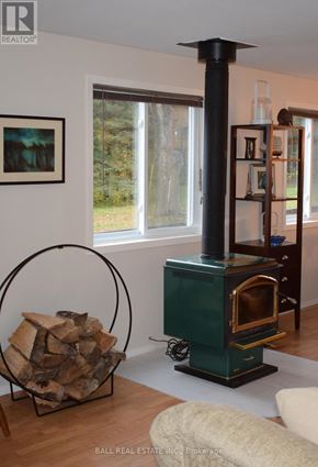 North Kawartha house for rent - A wood burning stove in a living room with a basket of wood beside it.