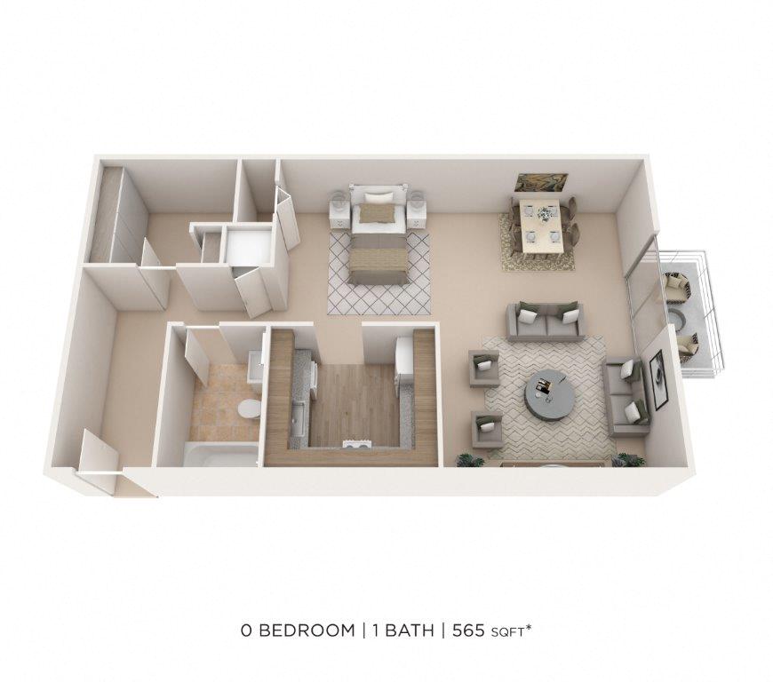 Floor plan for studio, 1 bath, 565 sqft