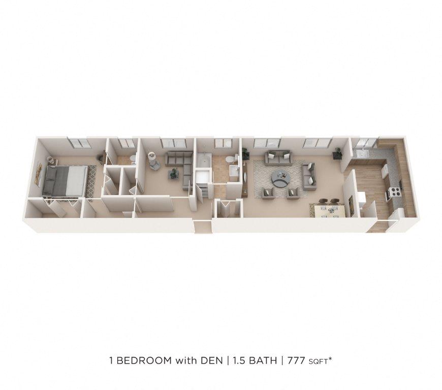 Floor plan for 1 bed, 1.5 baths, 777 sqft
