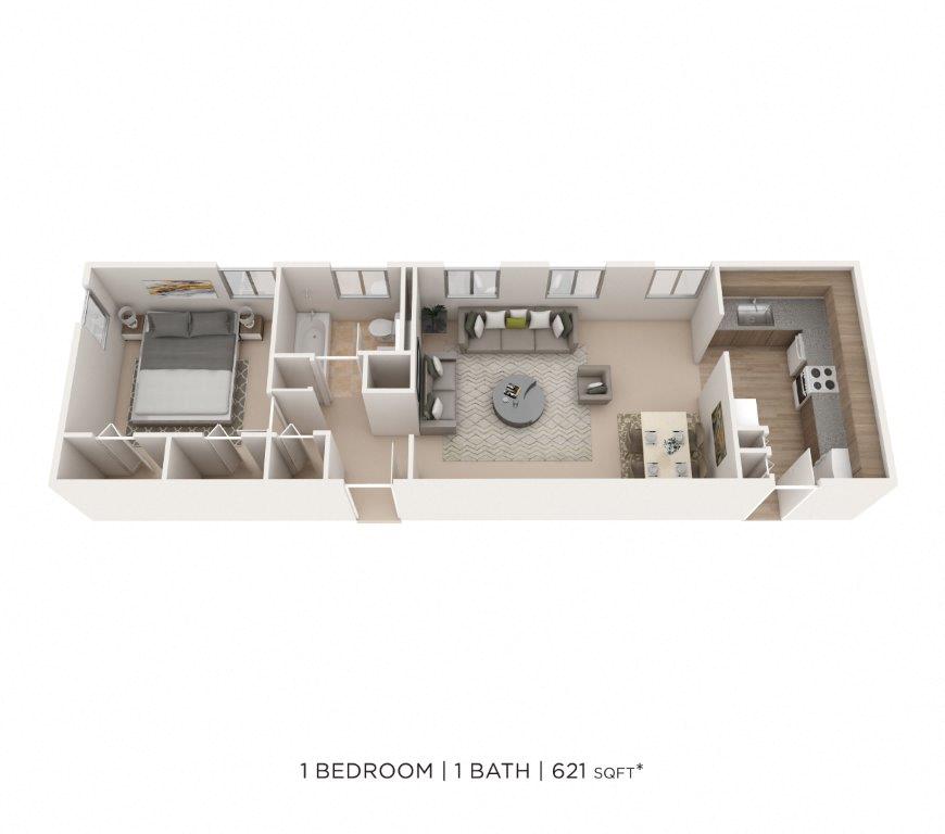 Floor plan for 1 bed, 1 bath, 621 sqft