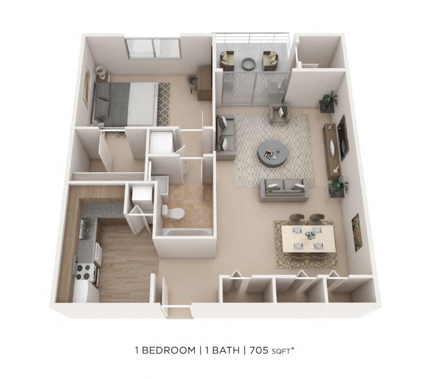 Floor plan for 1 bed, 1 bath, 705 sqft