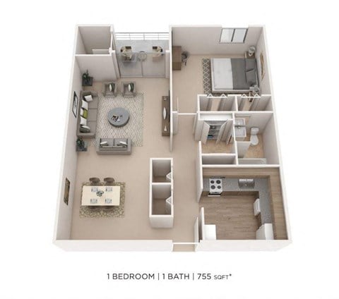 Floor plan for 1 bed, 1 bath, 755 sqft