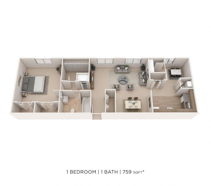 Floor plan for 1 bed, 1 bath, 759 sqft