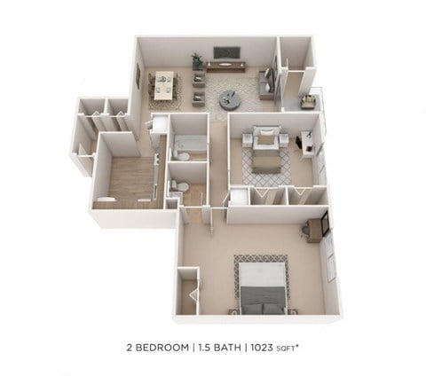 Floor plan for 2 beds, 1.5 baths, 1023 sqft