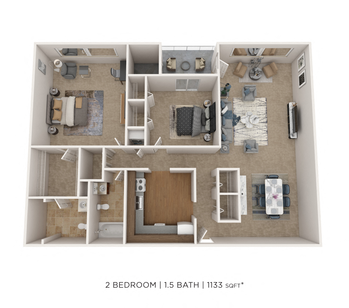 Floor plan for 2 beds, 1.5 baths, 1133 sqft