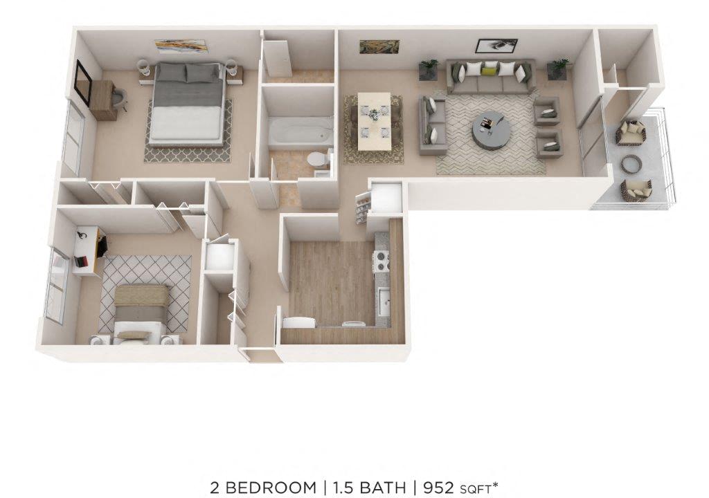 Floor plan for 2 beds, 1.5 baths, 952 sqft