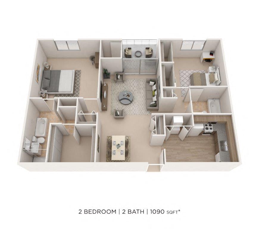 Floor plan for 2 beds, 2 baths, 1090 sqft