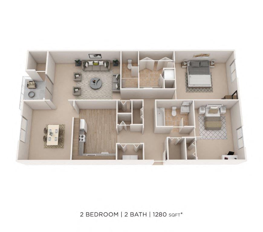 Floor plan for 2 beds, 2 baths, 1280 sqft