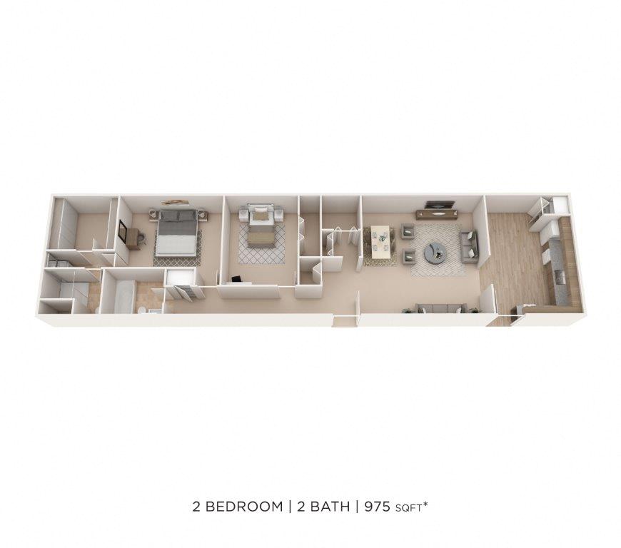 Floor plan for 2 beds, 2 baths, 975 sqft
