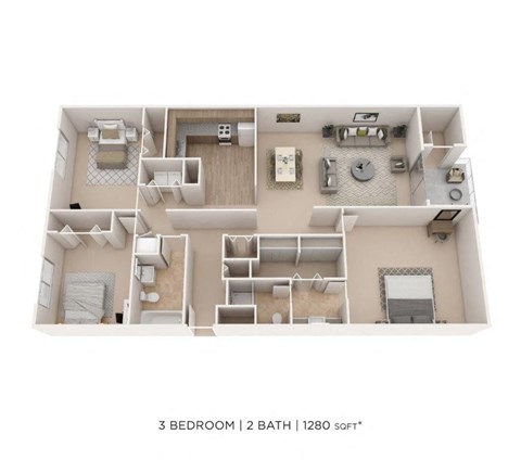 Floor plan for 3 beds, 2 baths, 1280 sqft