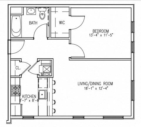 Floor plan for 1 bed, 1 bath, 667 sqft