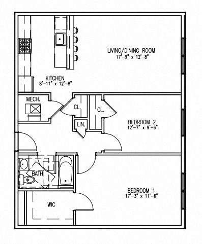 Floor plan for 2 beds, 1 bath, 931 sqft