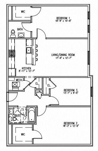 Floor plan for 3 beds, 1.5 baths, 1223 sqft