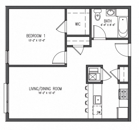 Floor plan for 1 bed, 1 bath, 700 sqft
