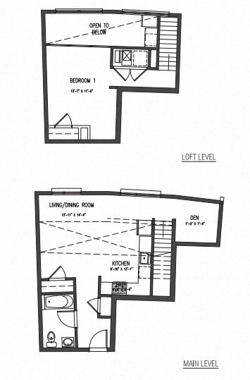 Floor plan for 1 bed, 1 bath, 727 sqft