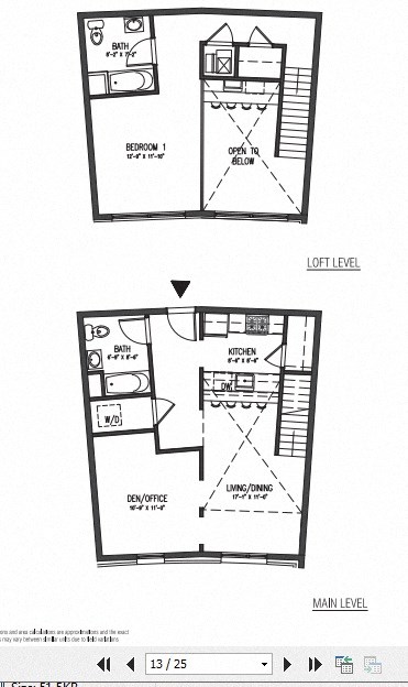 Floor plan for 1 bed, 2 baths, 804 sqft