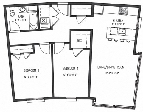 Floor plan for 2 beds, 1 bath, 919 sqft