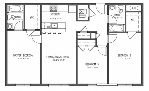 Floor plan for 3 beds, 2 baths, 1218 sqft