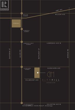 Toronto (Englemount-Lawrence) condo for rent - A map with a grid layout showing streets and locations such as Glencarin Subway and Hillmount Ave.