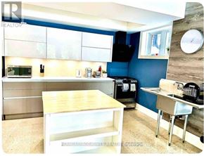 Toronto (Guildwood) house for rent - A kitchen with blue walls and a wooden counter.