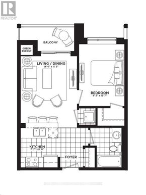 Hamilton (Stoney Creek) condo for rent - A floor plan of a small apartment with a living room, dining room, kitchen, and bedroom.