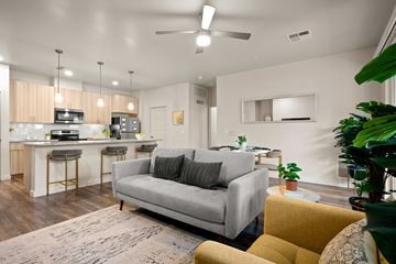 Goodyear apartment for rent - A living room with a grey couch and a yellow chair.