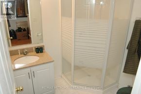 Waterloo townhouse for rent - A bathroom with a sink, mirror, and shower.