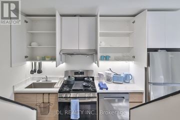 Toronto (Roncesvalles) multi-family for rent - A modern kitchen with white cabinets and stainless steel appliances.