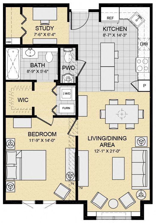 Floor plan for 1 bed, 1.5 baths, 861 sqft