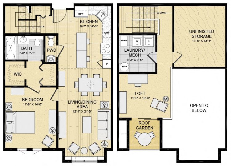 Floor plan for 1 bed, 1.5 baths, 1039 sqft