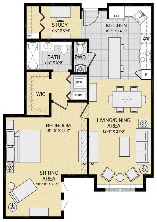 Floor plan for 1 bed, 1.5 baths, 1001 sqft