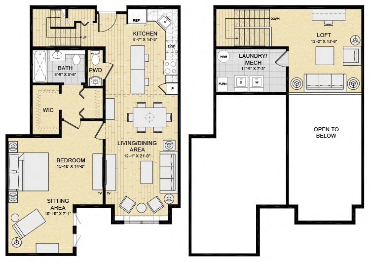Floor plan for 1 bed, 1.5 baths, 1194 sqft